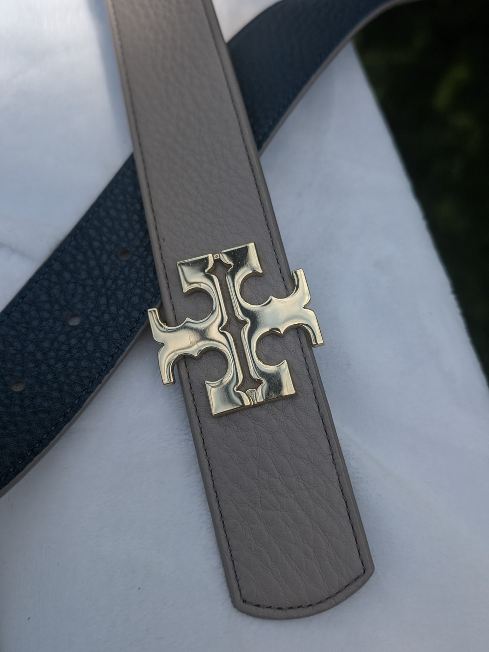 Tory Burch Reversible Leather Logo Belt - Taupe & Teal 35"Medium
